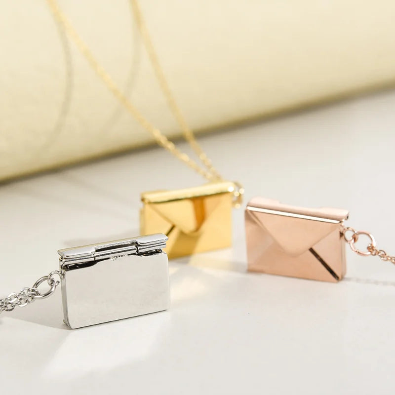 Envelope Locket Necklace with Gold Rose Gold Silver Color Love You Secret Message Pendant Necklace for Girl Mother's Day Gift