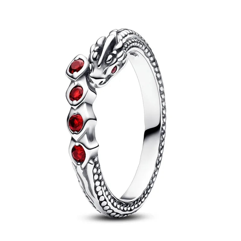 Authentic 925 Sterling Silver Sparkling Gold Dragon With Red Crystal Ring For Women Gift Fashion Jewelry