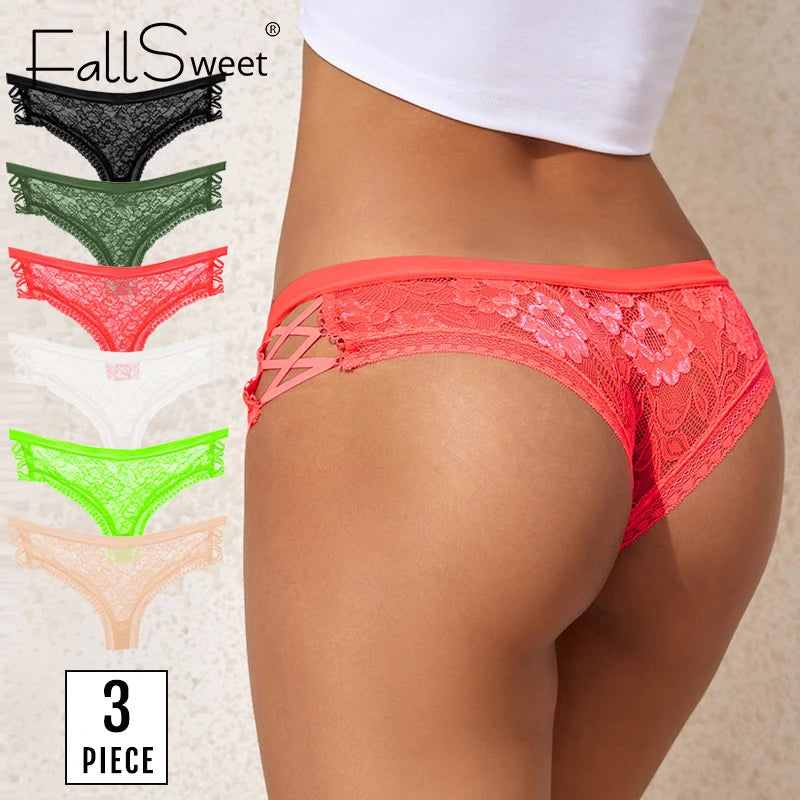 FallSweet 3 pcs/Pack ! Lace Panties for Women Ultra Thin Transparent Underwear Low Waist Criss Cross Briefs