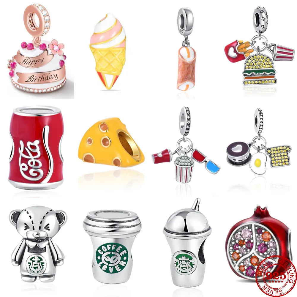 Fit Pandora 925 Original Bracelet Food Series Cola Coffee Burger Cheese Ice Cream Silver Charm Beads For DIY Jewelry Gift Making