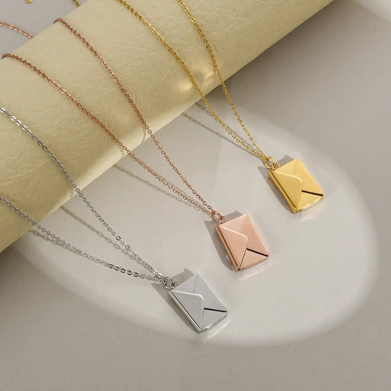 Envelope Locket Necklace with Gold Rose Gold Silver Color Love You Secret Message Pendant Necklace for Girl Mother's Day Gift