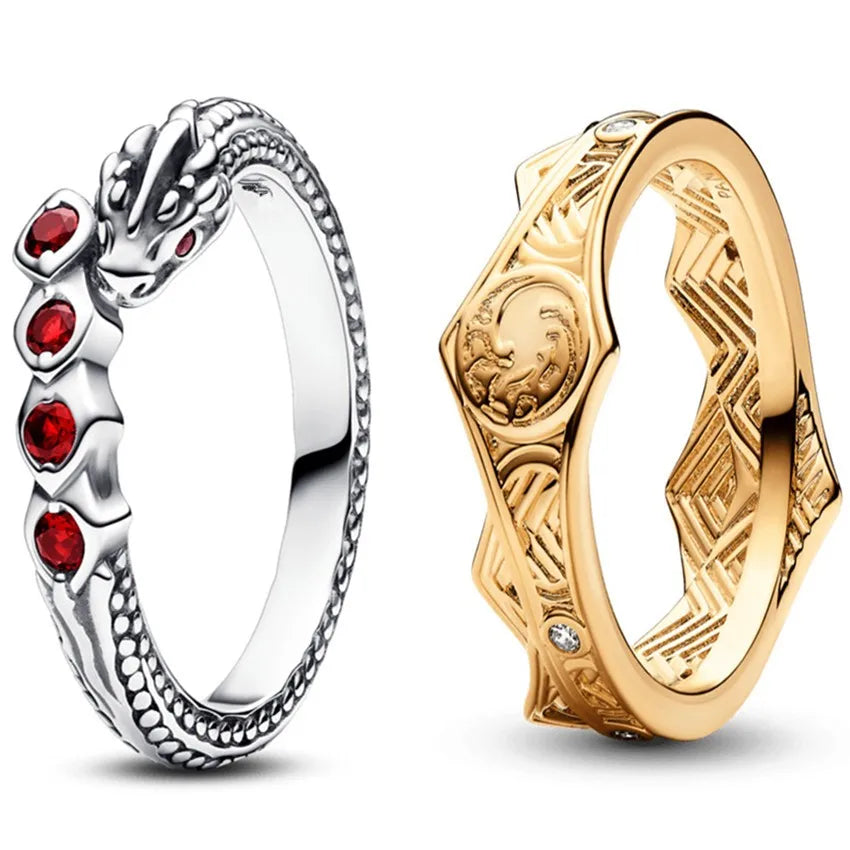 Authentic 925 Sterling Silver Sparkling Gold Dragon With Red Crystal Ring For Women Gift Fashion Jewelry