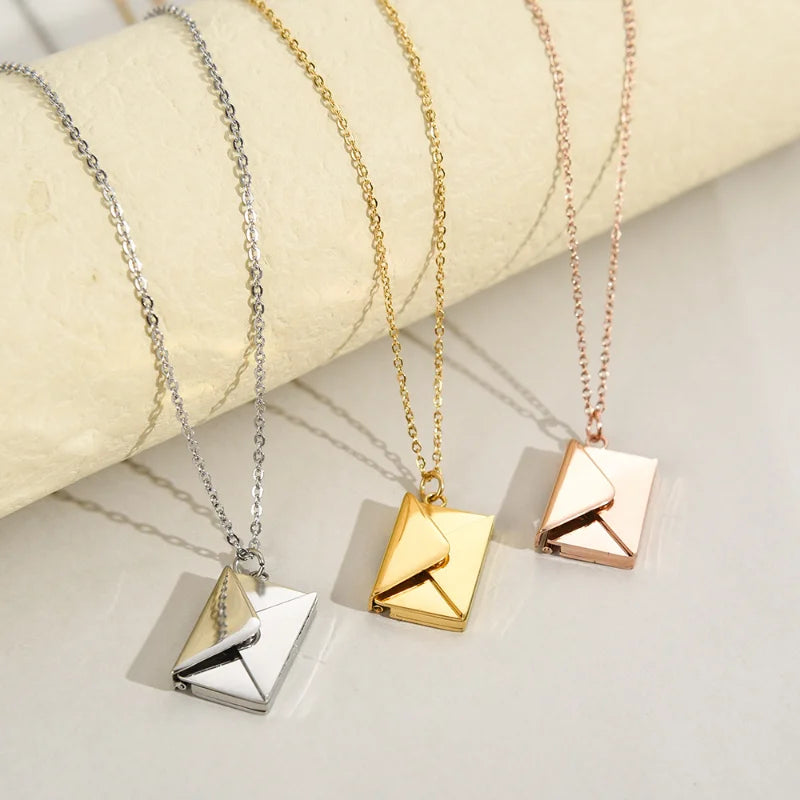 Envelope Locket Necklace with Gold Rose Gold Silver Color Love You Secret Message Pendant Necklace for Girl Mother's Day Gift