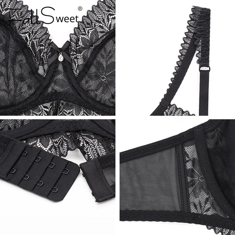 FallSweet Ultra Thin Lace Bra Transparent Unlined Brassiere Full Cup Minimizer Lingeries for Women DD Cup