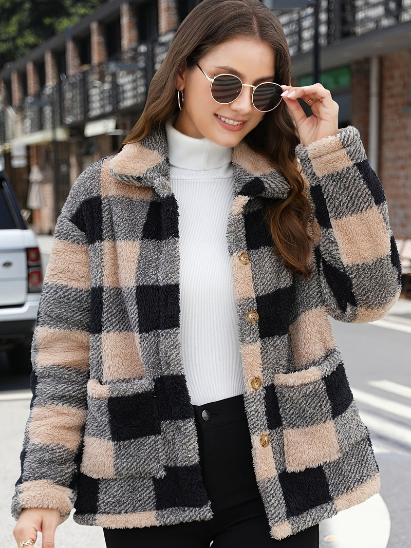 Teddy Coat – Plaid Print Polyester Blend & Warm Lining