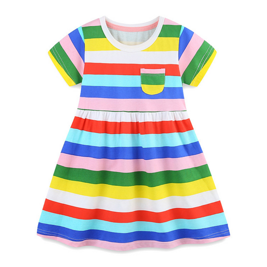 Rainbow Stripe Girls Summer Dress With Pocket