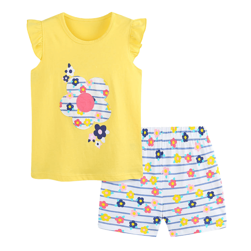 Sunny Flower Ruffle Top & Striped Shorts Set
