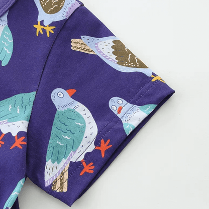 Cheerful Purple Pigeon Print Girls Dress With Pocket