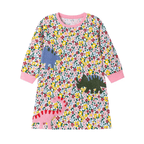 Girls Embroidered Dinosaur Floral Long Sleeve Dress
