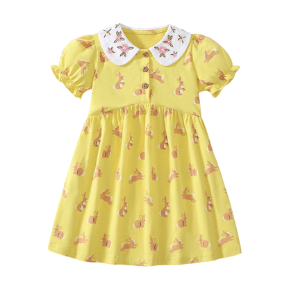Sweet Bunny Print Girls Dress With Puff Sleeves