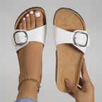 Lira White Buckle Slides