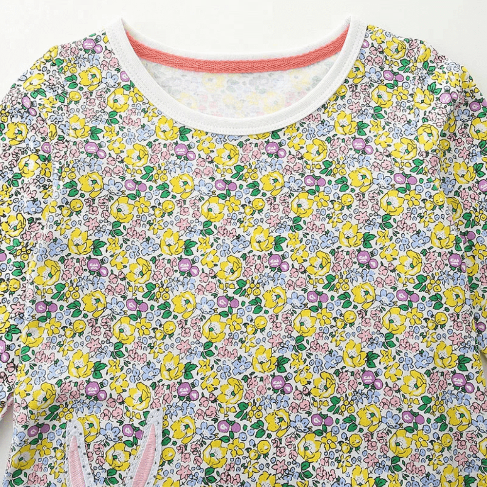 Robe à manches longues fleurie lapin et poussins pour filles