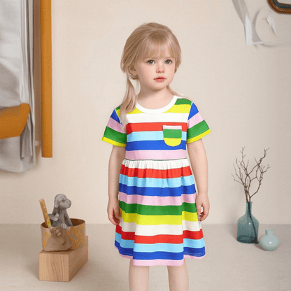 Rainbow Stripe Girls Summer Dress With Pocket