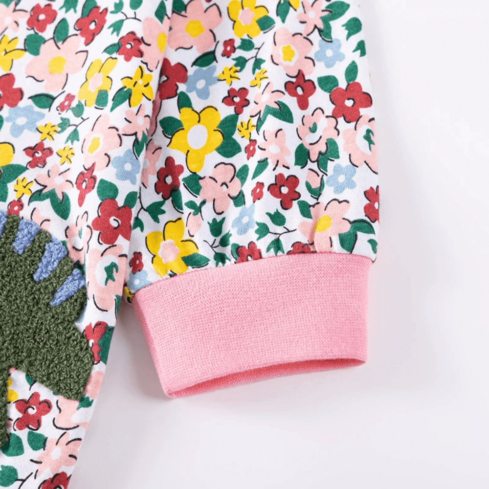 Robe à manches longues brodée de dinosaures et de fleurs pour filles