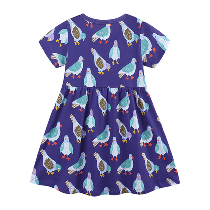 Cheerful Purple Pigeon Print Girls Dress With Pocket