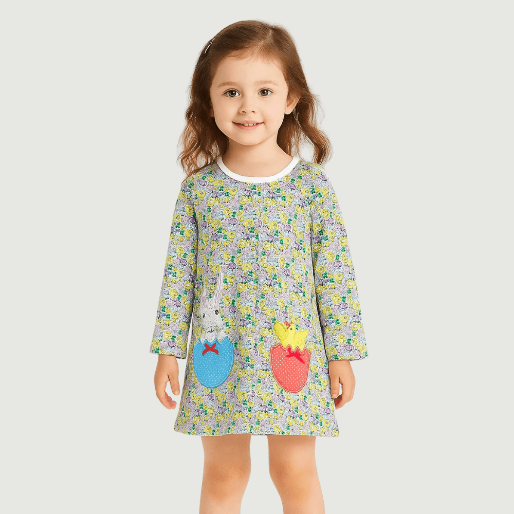 Robe à manches longues fleurie lapin et poussins pour filles