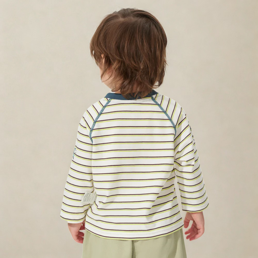Boys Striped Dinosaur Print Long Sleeve Shirt
