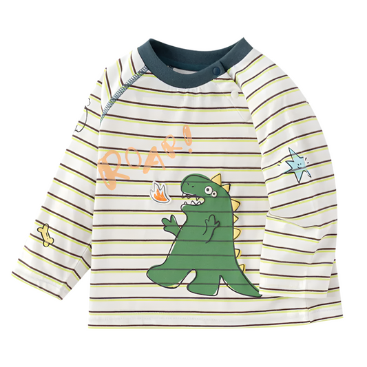 Boys Striped Dinosaur Print Long Sleeve Shirt