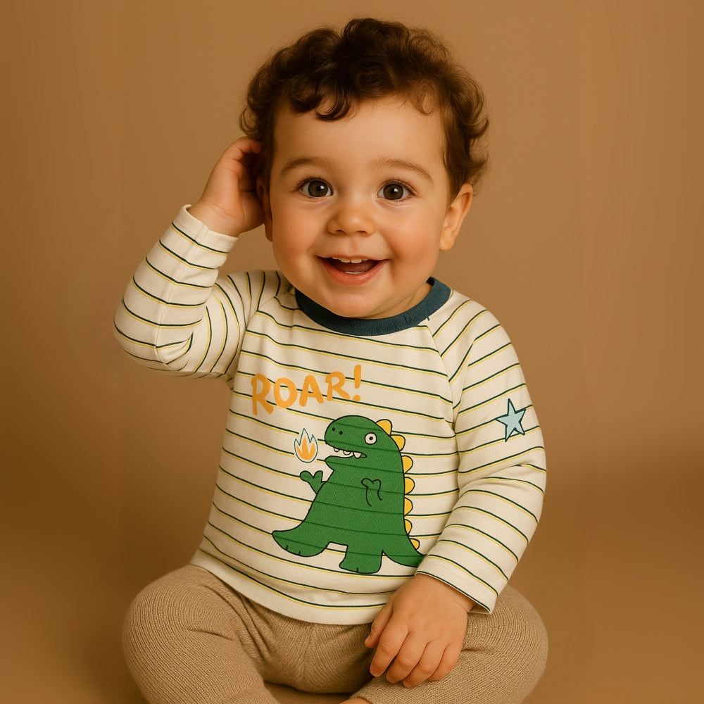 Boys Striped Dinosaur Print Long Sleeve Shirt