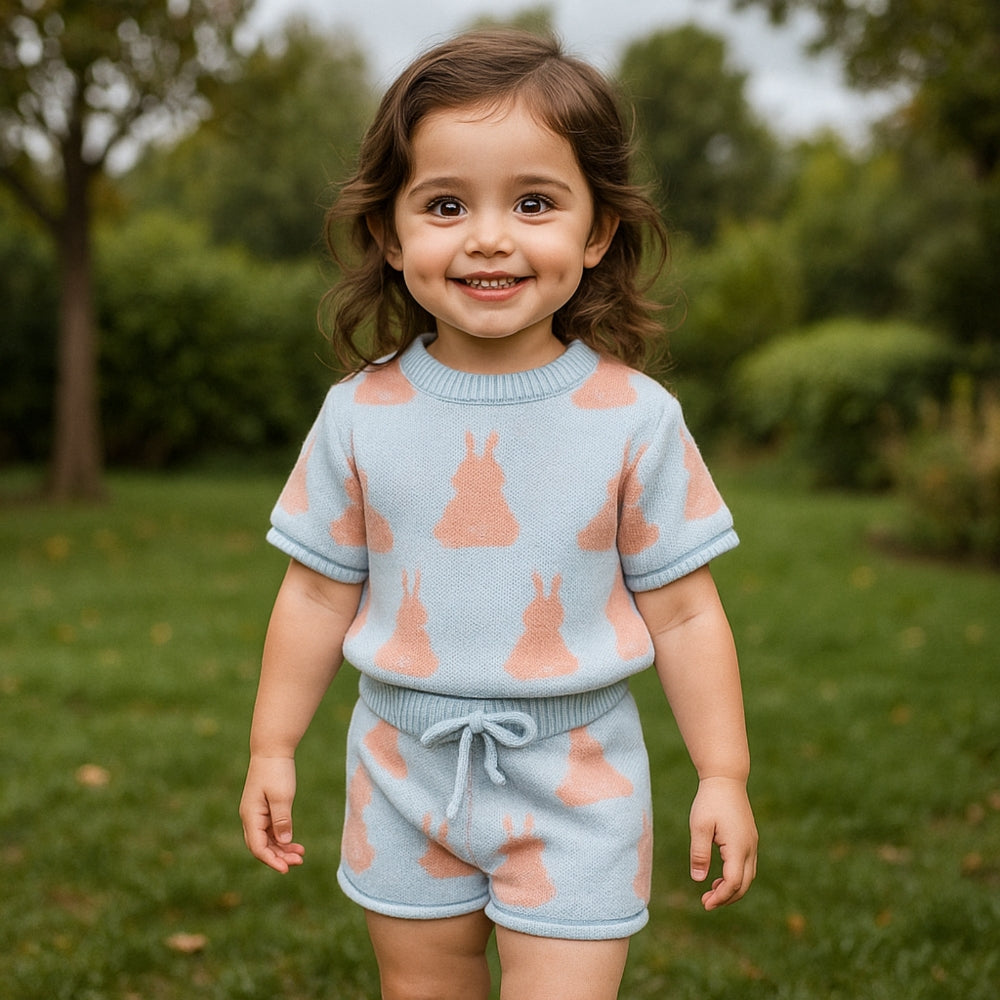 Bunny Print Knitted Girls Top and Shorts Set