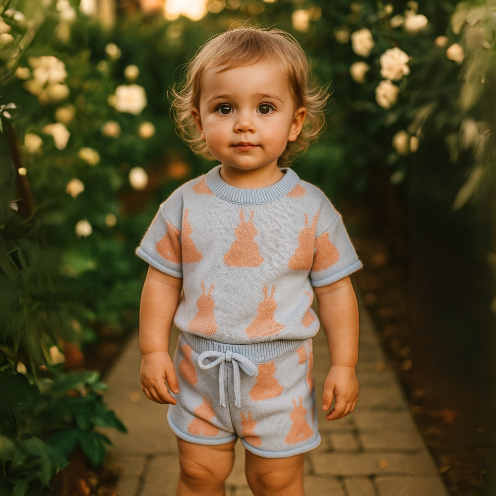 Bunny Print Knitted Girls Top and Shorts Set