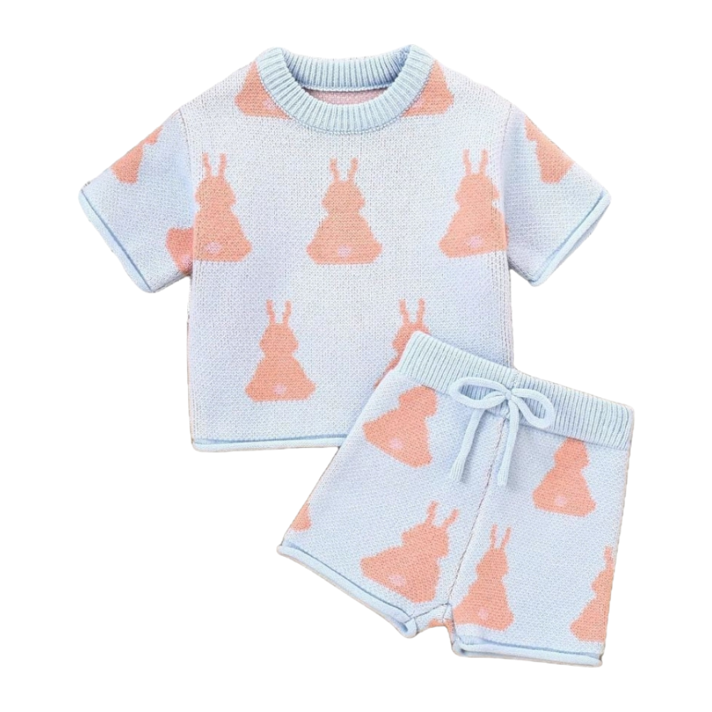 Bunny Print Knitted Girls Top and Shorts Set
