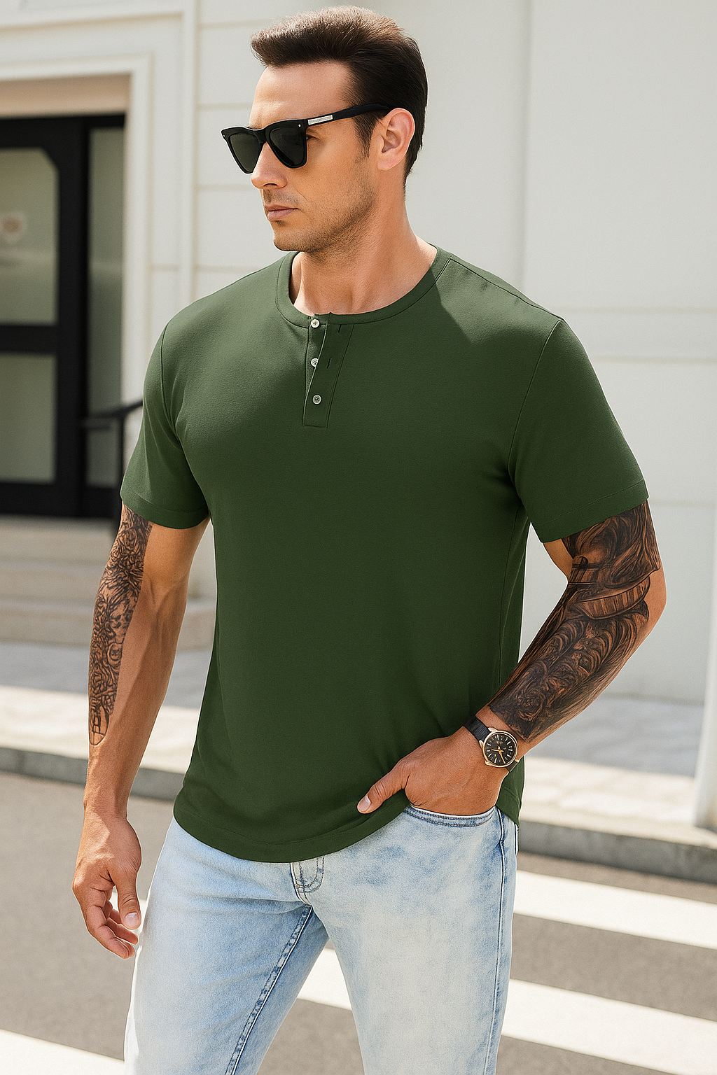 T-shirt Henley slim à manches courtes pour homme, décontracté