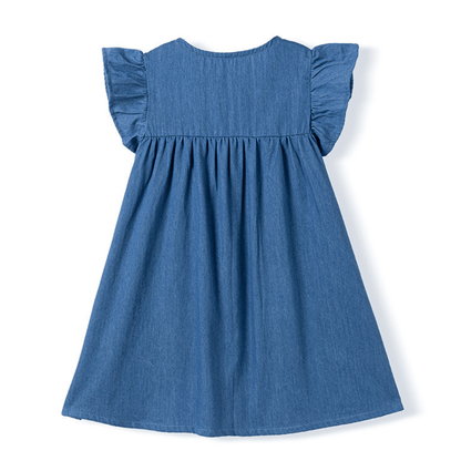 Cute Embroidered Denim Girls Dress With Ruffle Sleeves