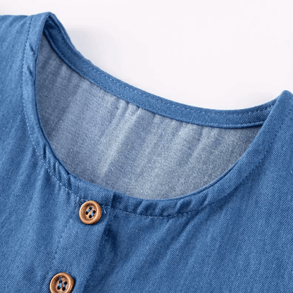 Cute Embroidered Denim Girls Dress With Ruffle Sleeves