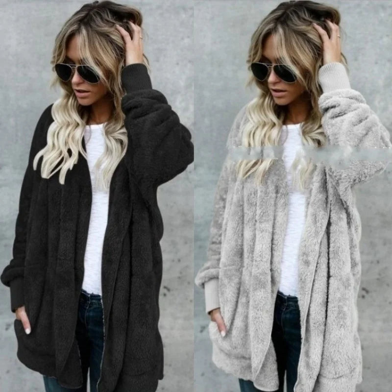 Faux Fur Coat - Thick Hooded Medium Length & Warm Lining