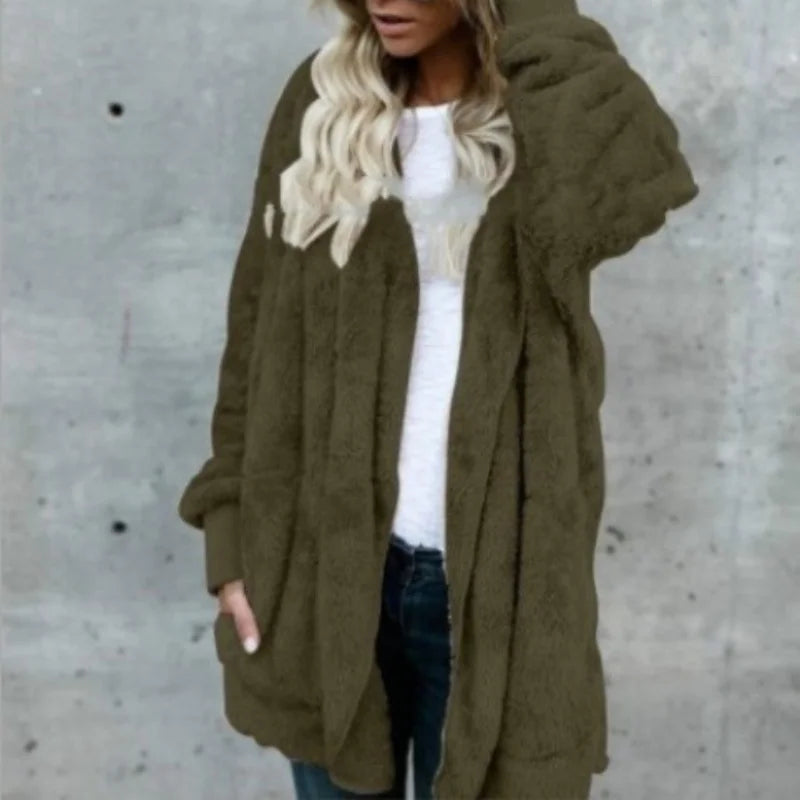 Faux Fur Coat - Thick Hooded Medium Length & Warm Lining