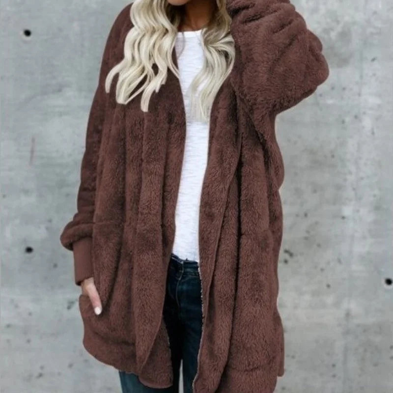 Faux Fur Coat - Thick Hooded Medium Length & Warm Lining