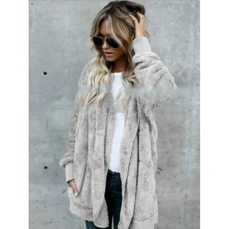 Faux Fur Coat - Thick Hooded Medium Length & Warm Lining