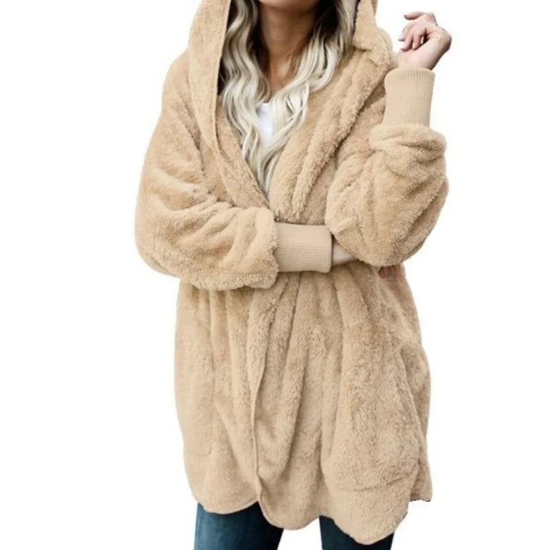 Faux Fur Coat - Thick Hooded Medium Length & Warm Lining