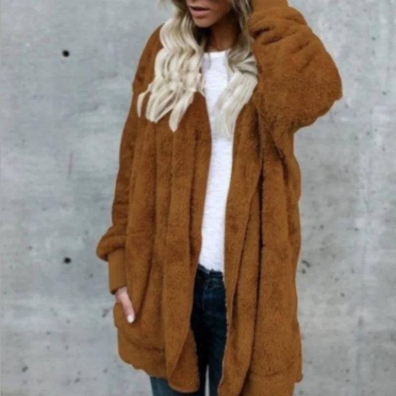 Faux Fur Coat - Thick Hooded Medium Length & Warm Lining