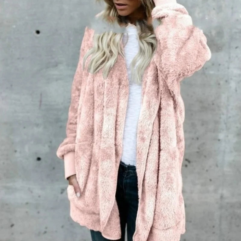 Faux Fur Coat - Thick Hooded Medium Length & Warm Lining