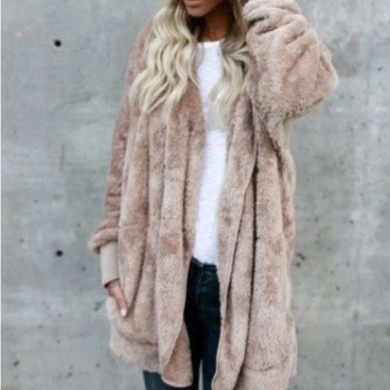 Faux Fur Coat - Thick Hooded Medium Length & Warm Lining