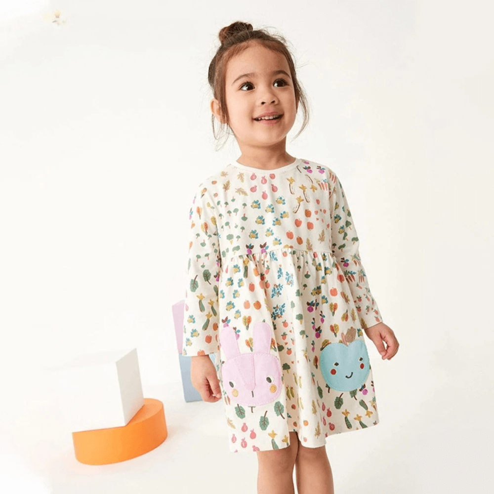 Robe à manches longues pour fille, motif lapin, inspirée du jardin