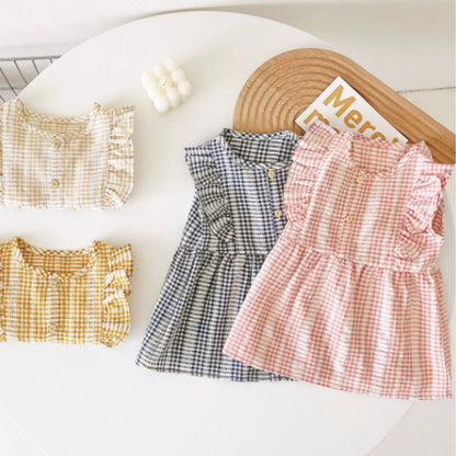 Girls Ruffle Sleeve Gingham Cotton Dress