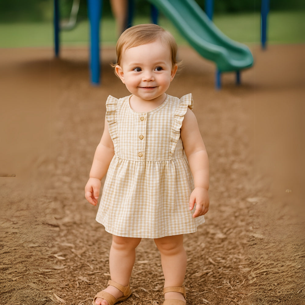 Girls Ruffle Sleeve Gingham Cotton Dress