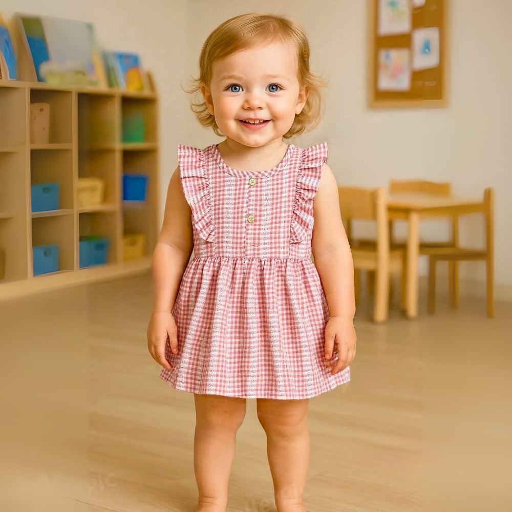 Girls Ruffle Sleeve Gingham Cotton Dress