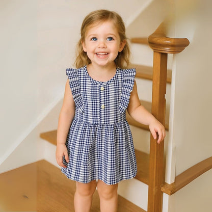 Girls Ruffle Sleeve Gingham Cotton Dress
