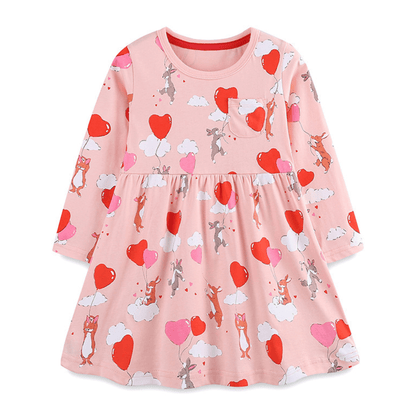 Cozy Pink Heart & Animal Balloon Girls Long Sleeve Dress