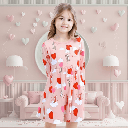 Cozy Pink Heart & Animal Balloon Girls Long Sleeve Dress