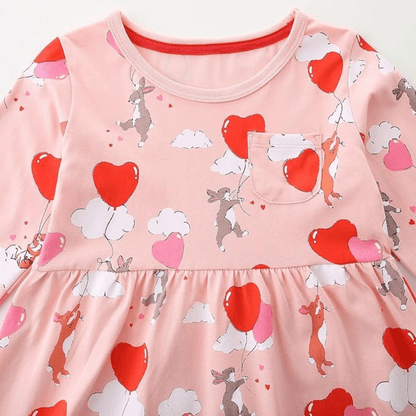 Cozy Pink Heart & Animal Balloon Girls Long Sleeve Dress