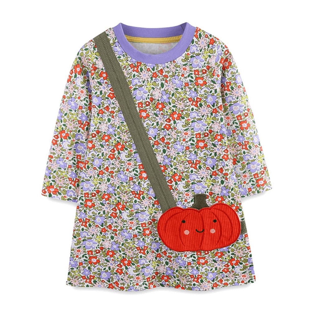 Girls Pumpkin Bag Floral Long Sleeve Dress