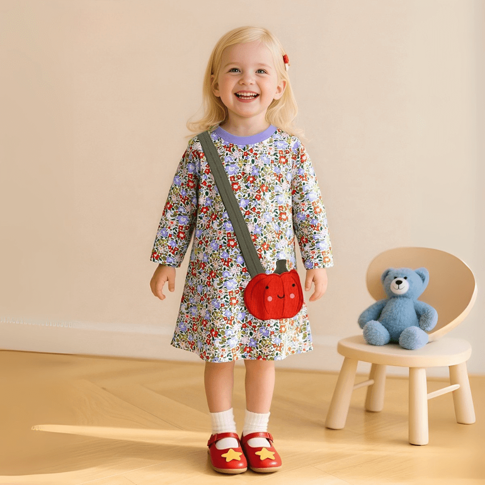 Girls Pumpkin Bag Floral Long Sleeve Dress