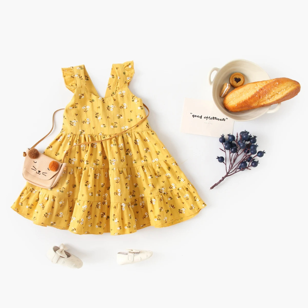 Girls Ruffle Strap Tiered Floral Cotton Dress