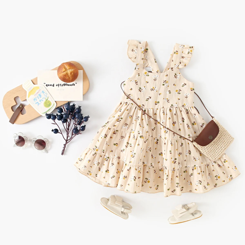 Girls Ruffle Strap Tiered Floral Cotton Dress