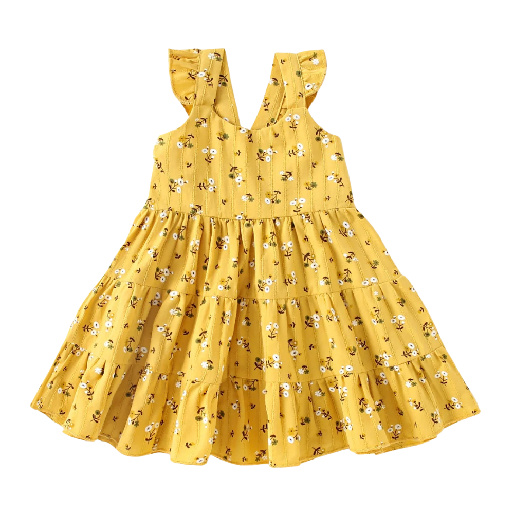 Girls Ruffle Strap Tiered Floral Cotton Dress